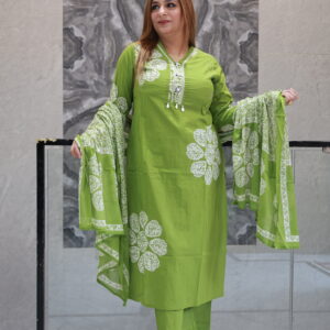 Parrot Green Cotton Dress With Patch Work
