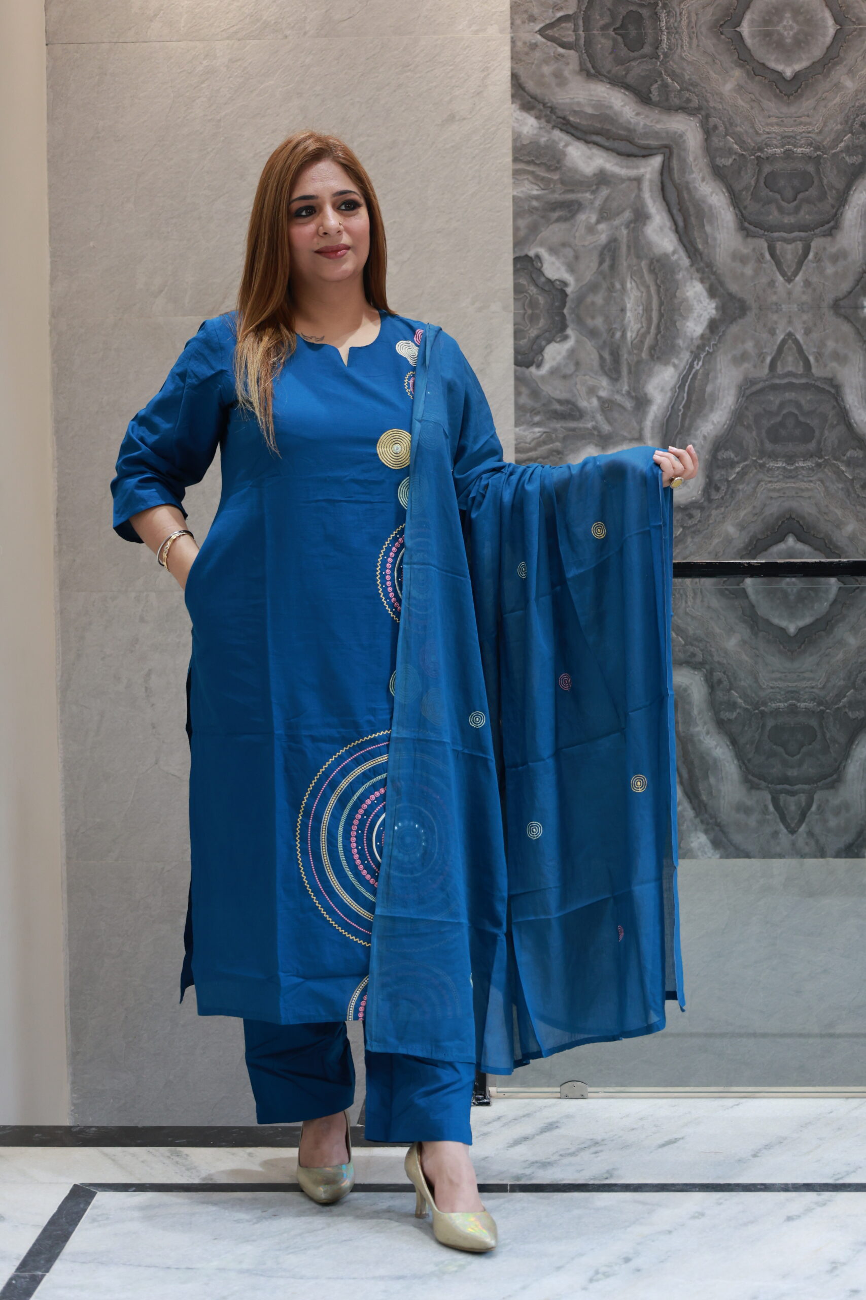 Royal Blue Cotton Dress With Embroided Work - Image 2