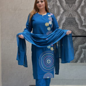 Royal Blue Cotton Dress With Embroided Work