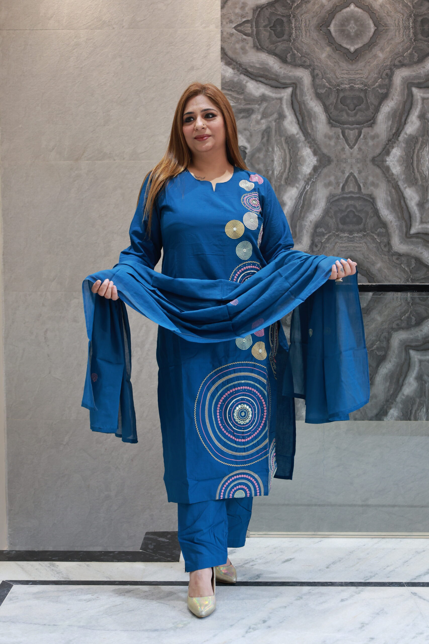 Royal Blue Cotton Dress With Embroided Work