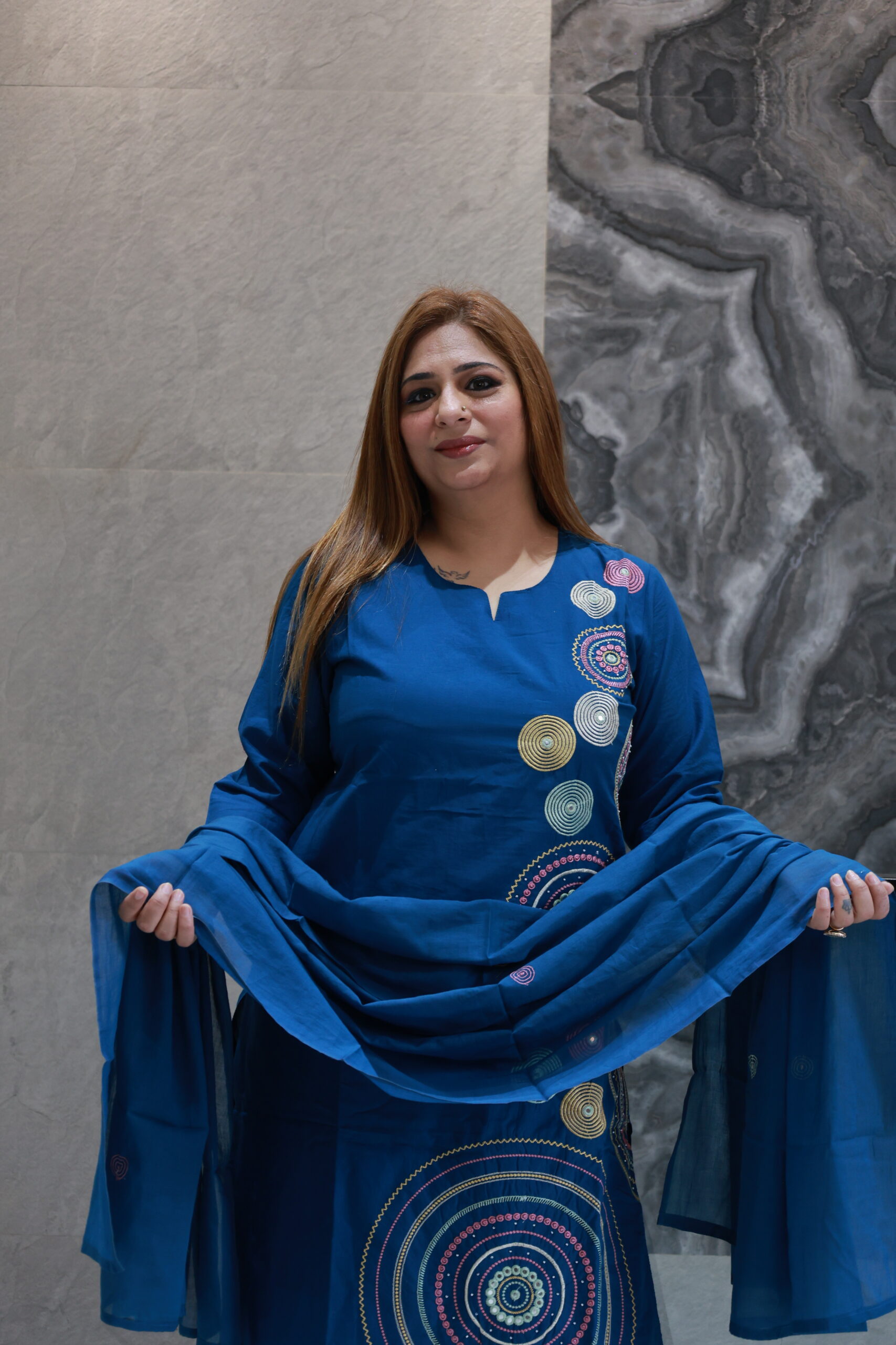 Royal Blue Cotton Dress With Embroided Work - Image 3