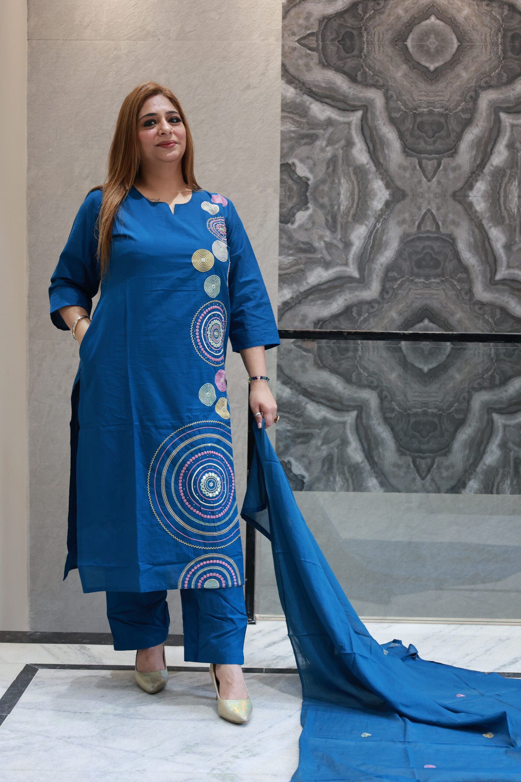 Royal Blue Cotton Dress With Embroided Work - Image 4
