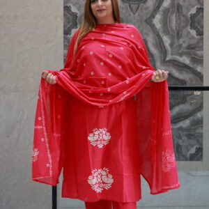 Red Cotton Dress With Print Work