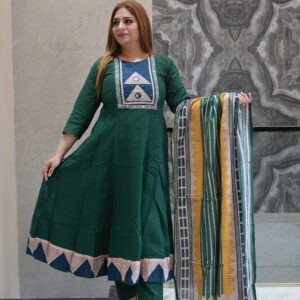 Dark Green Cotton Dress With Elegant Work