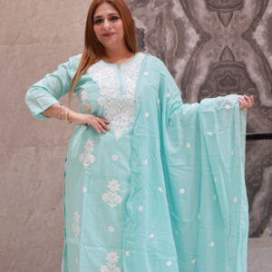 Turquoise Pure Cotton Lucknow Kadai Dress